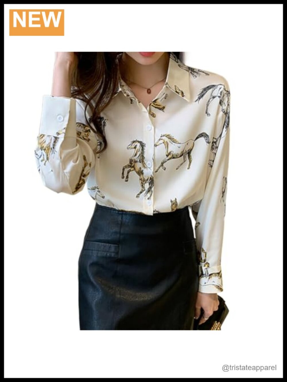 Vintage Horse Print Button Down Long Sleeve Blouse Casual Dressy Work Shirt